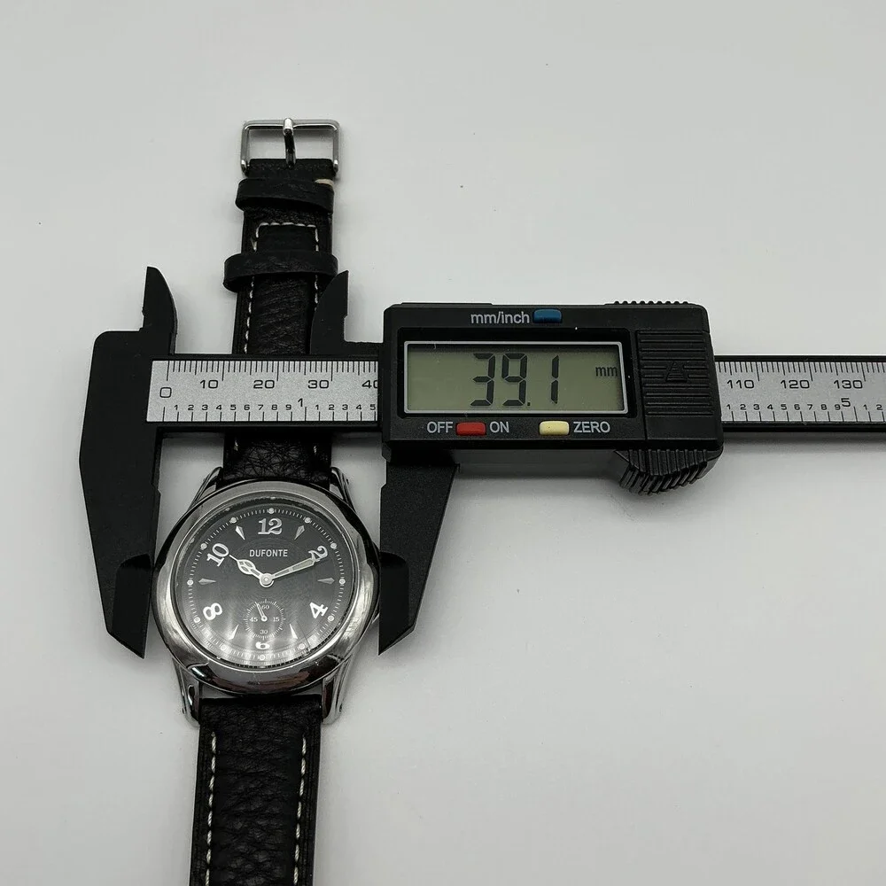 Dufonte 83028BK Mens Watch 39mm Black Dial Silver Tone Leather New Battery